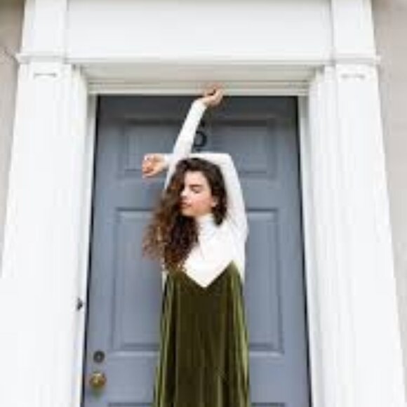 NWOT Green Velvet Midi Dress with Mesh Trim Detail - Picture 3 of 13